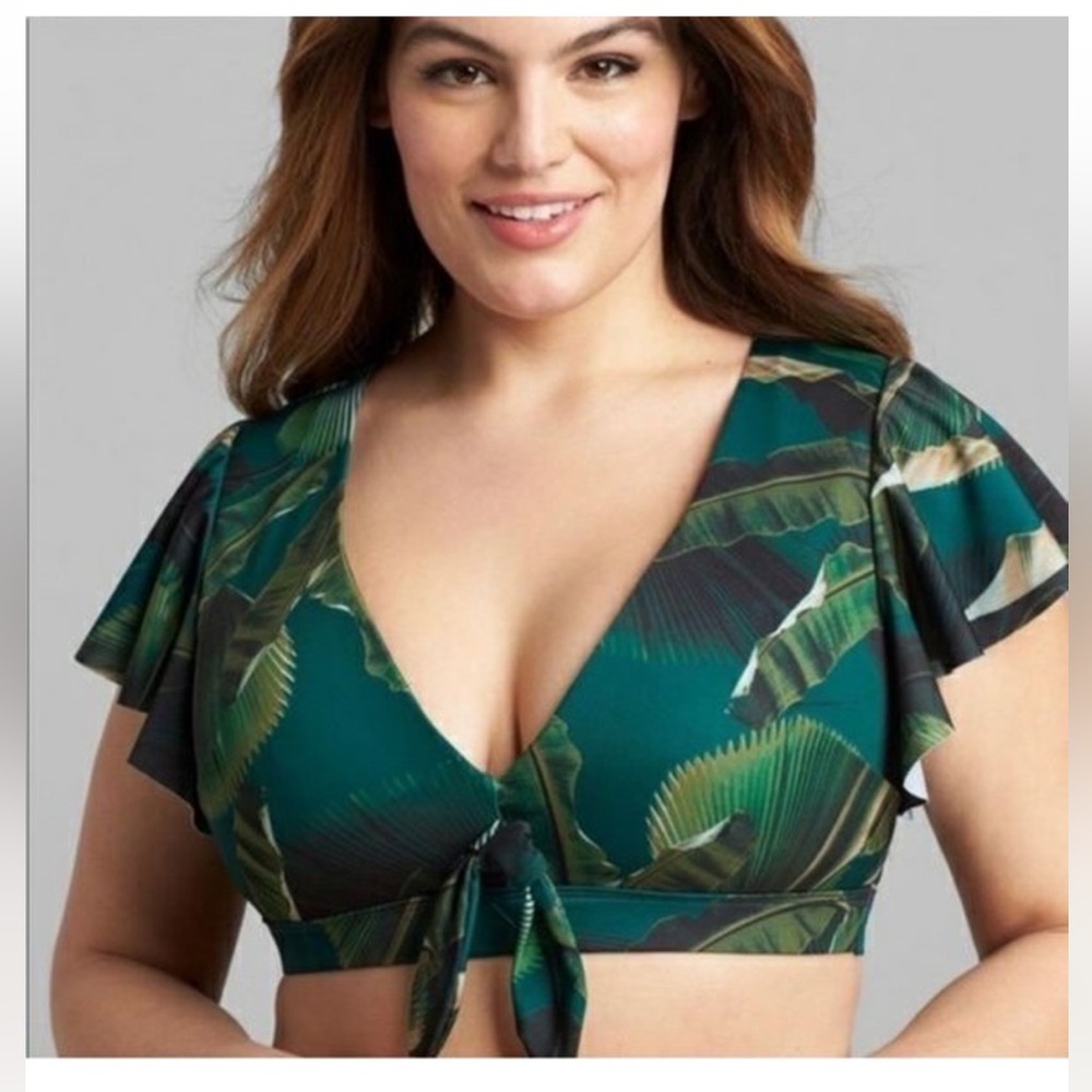Cacique Lane Bryant Swim By Green Tropical Lightly Lined No Wire Swim Top
